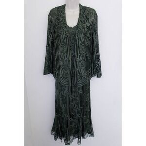 Soulmates 3 Piece Top Skirt Set Medium Green Silk Crochet Beaded Floral Formal